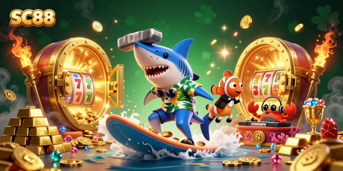 SC88 engaging players with a vibrant scene of lucky symbols and energetic characters in a casino