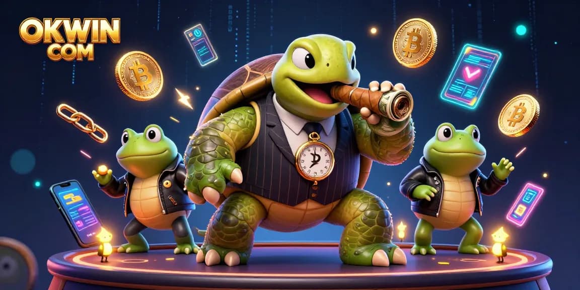 Engage with OKWIN COM for a lively online casino experience featuring vibrant 3D characters and cryptocurrency elements.