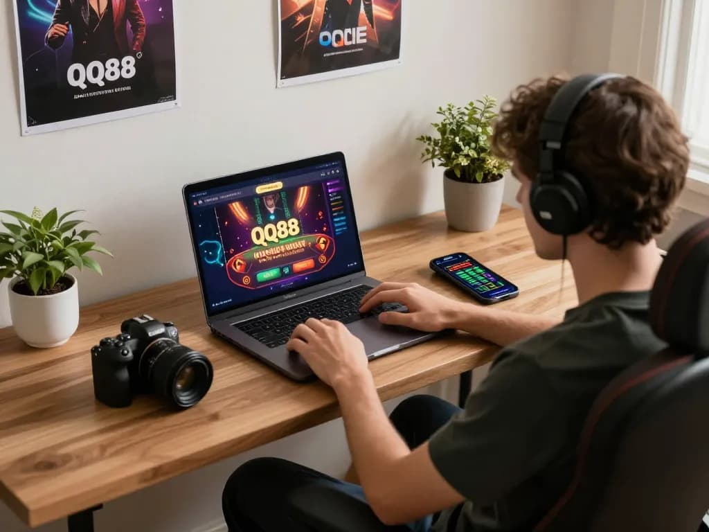 Engaging gameplay on QQ88, featuring a cozy online gaming setup with focused player and strategy notes.