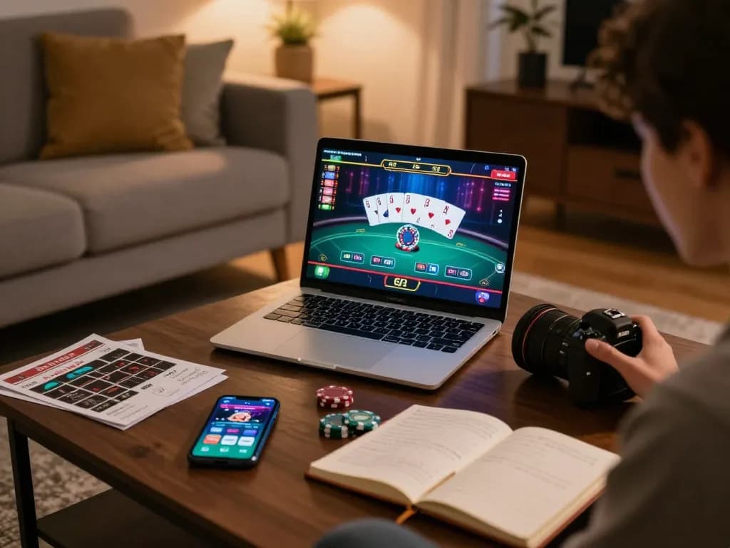TWIN68 player enjoying an online poker game from home, showcasing strategy notes and a cozy atmosphere.