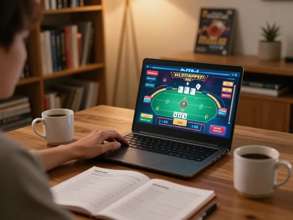 Engaging in strategic gameplay on https://789win2.us.com/ at home with a laptop and poker interface.