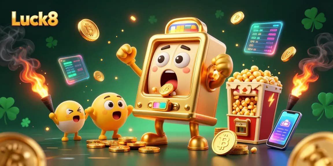Experience Luck8's thrilling jackpot moment with cheerful slot machines amidst dynamic coins and crypto elements.