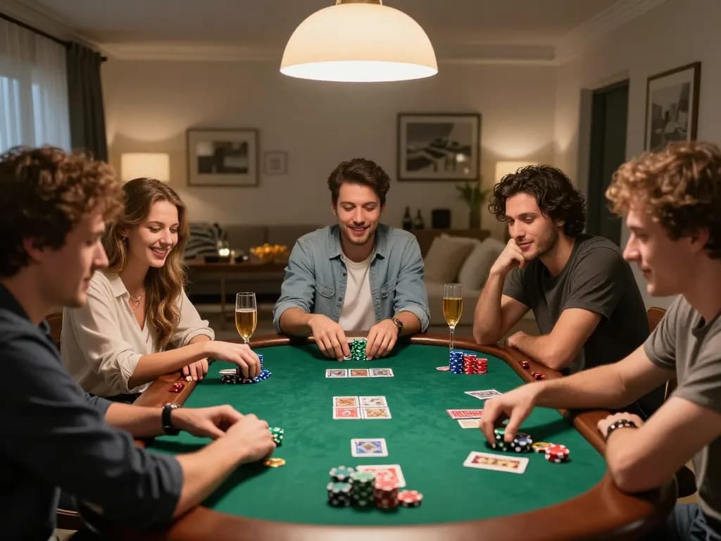 Friends enjoying a thrilling poker game at home, showcasing the excitement of playing me99 online casino.