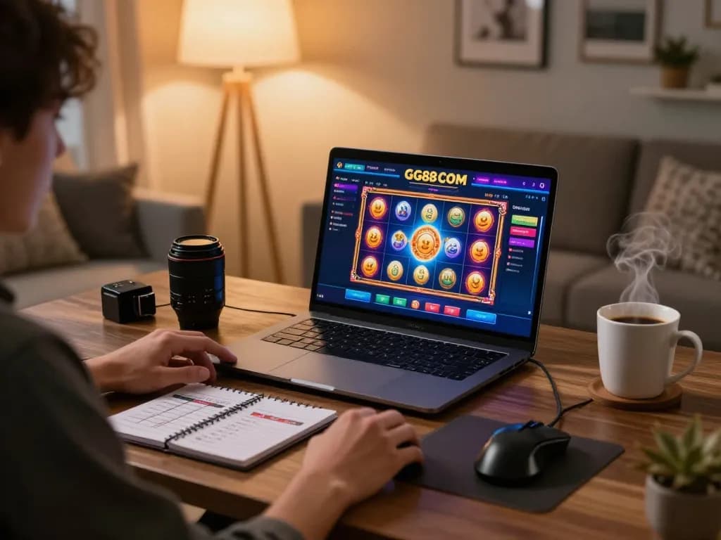 Engaged player interacting with GG88 COM online casino on laptop, showcasing vibrant game interface in a cozy setting.