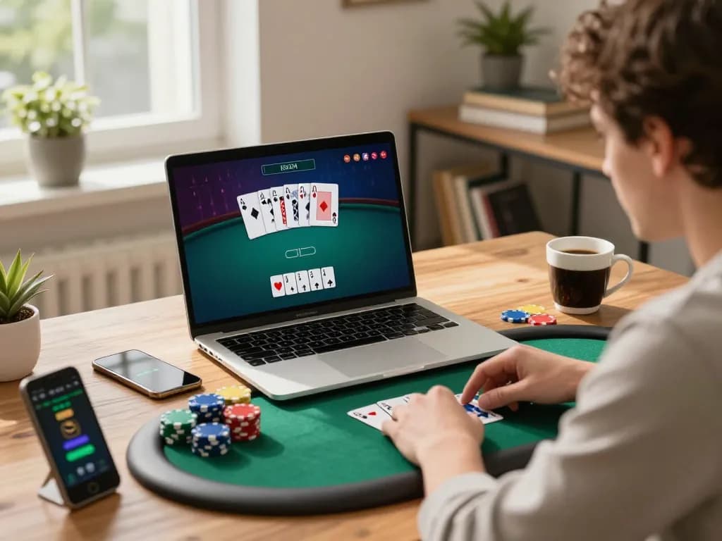 Engaged player using laptop for uu88 online poker game, showcasing strategy and skill in a modern home office.