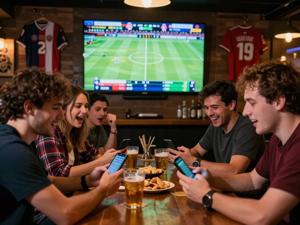 Friends enjoying sports betting excitement while checking kèo nhà cái odds on their smartphones