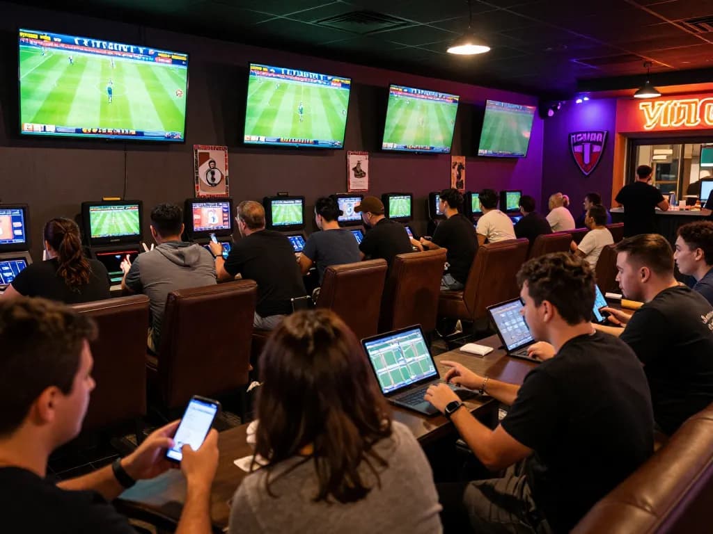 Engaging sports betting moment, showcasing แทงบอล strategies and excited bettors analyzing games