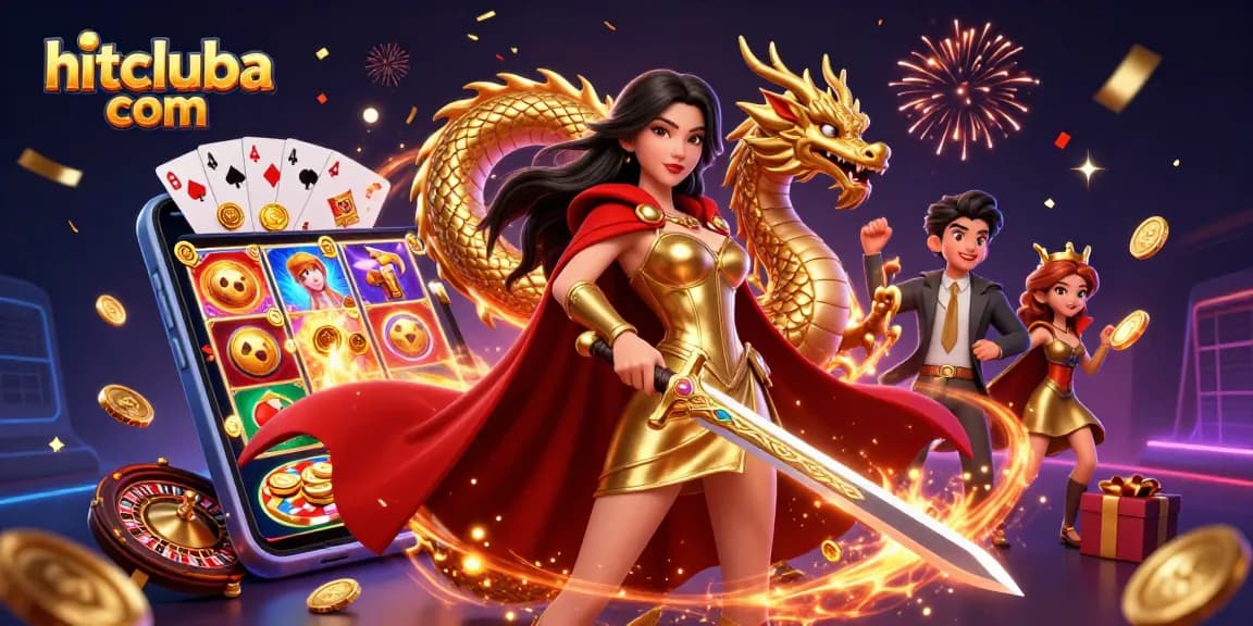 Play exciting games at hitcluba com with vibrant 3D casino illustration showing joyful characters and dynamic slots.
