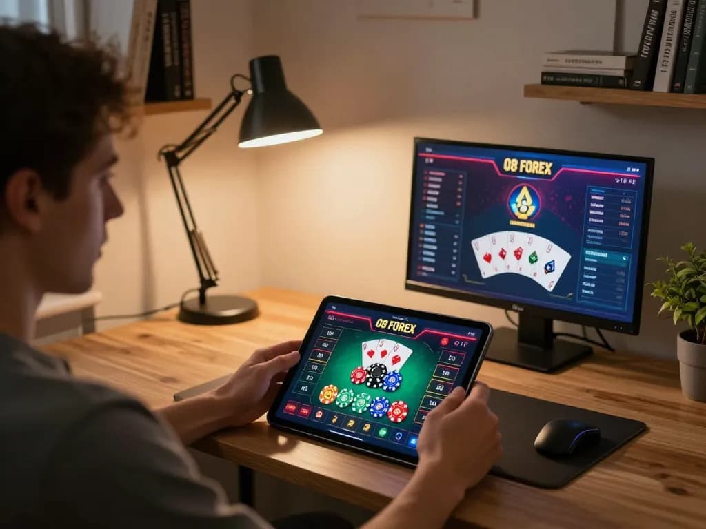 Engaging player using tablet for online betting on O8 FOREX in a stylish home office setting