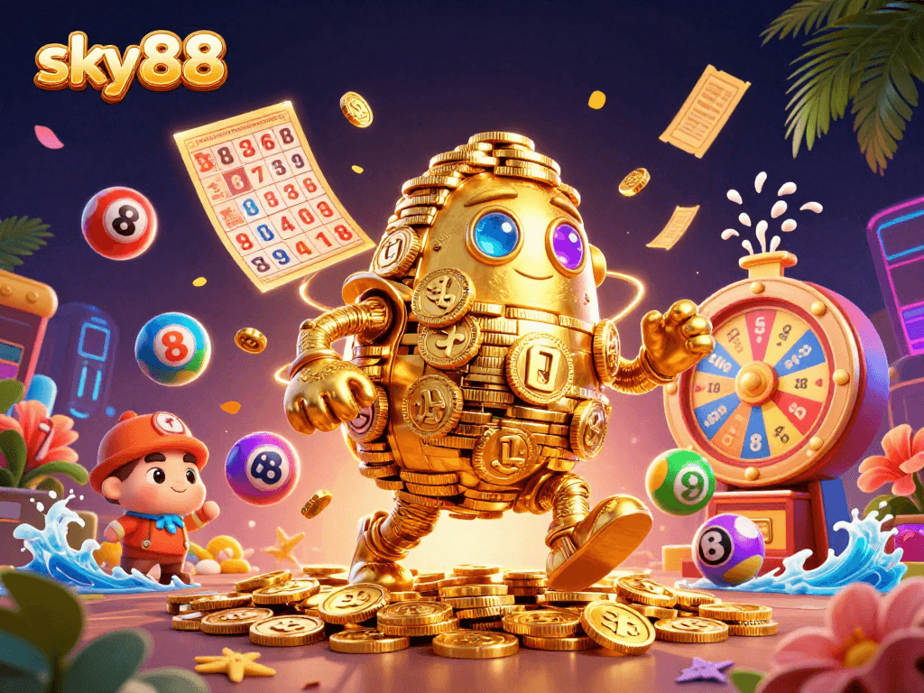 Engage players with exciting moments at sky88, featuring a vibrant golem and dynamic lottery elements.
