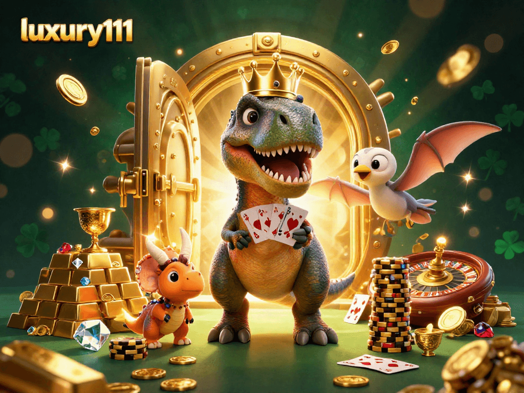 Experience luxury111 with a lively casino scene featuring a T-Rex shuffling cards and a golden vault bursting with treasures.