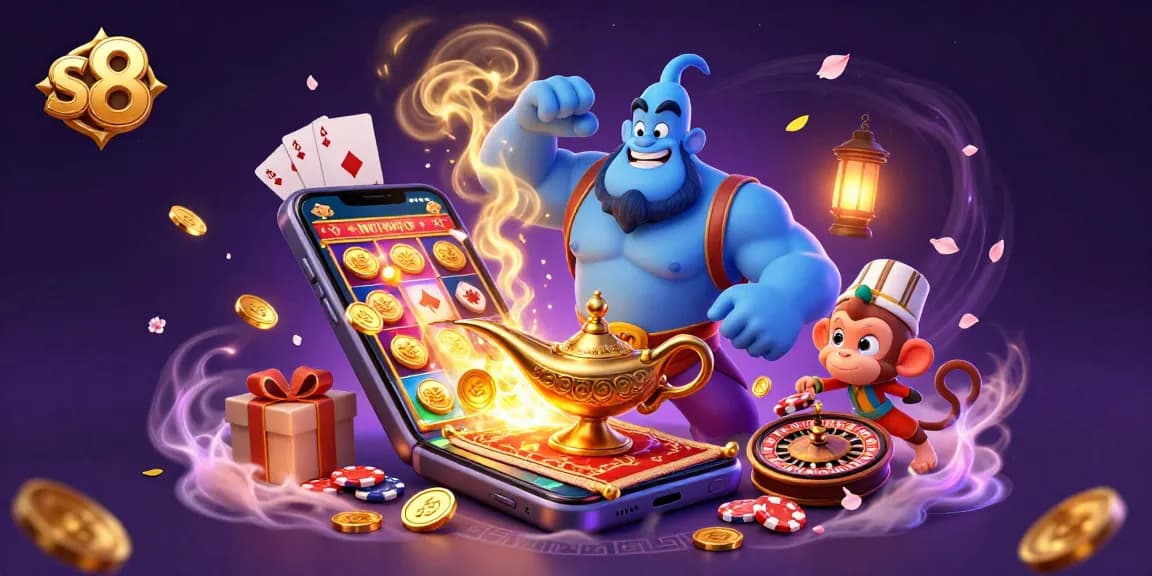 Experience the magic of s8 with a genie, monkey, and slot game excitement.