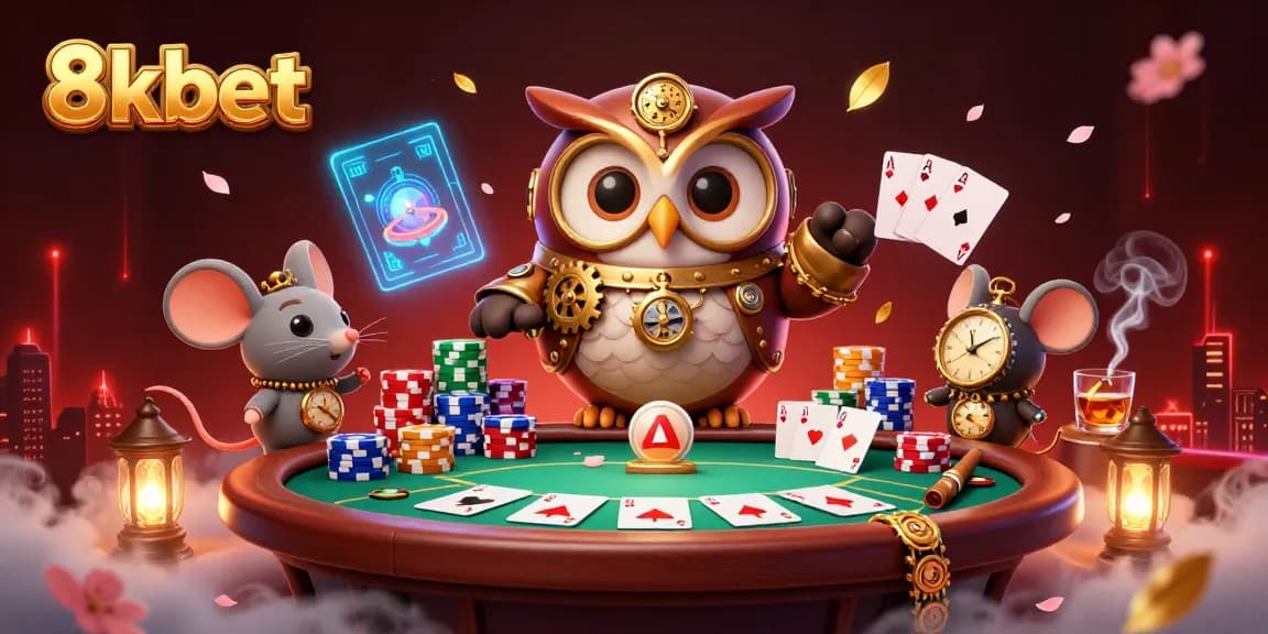 Experience the excitement of 8kbet with a dynamic scene featuring a time-traveling owl in a steampunk casino.