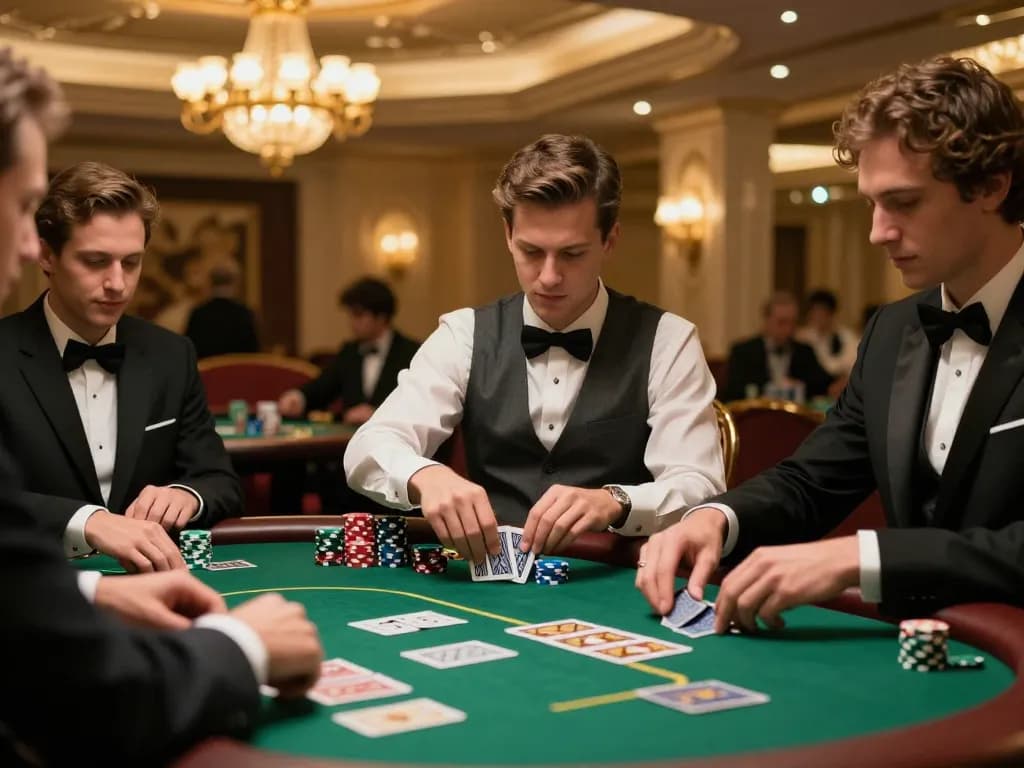 Engaged players strategizing at a high-roller poker table in a luxurious casino with lighting from chandeliers, featuring https://98winn.net/ atmosphere.