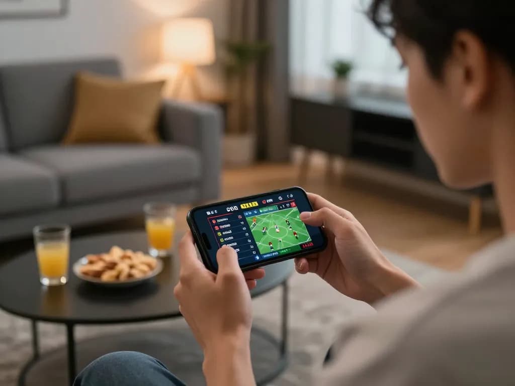 CK444 sports betting action with user engaged on smartphone in cozy home environment.