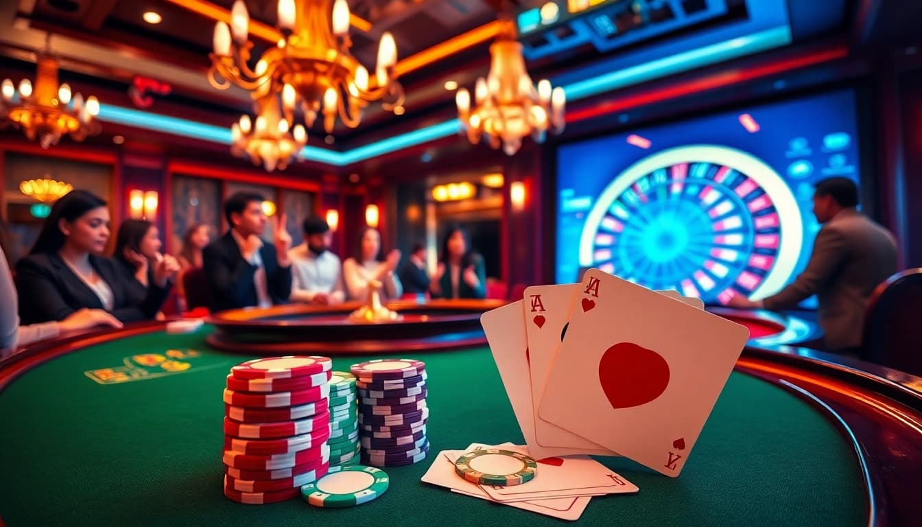 Enjoy a thrilling poker game at https://f8bet11.net/ featuring colorful chips and vibrant players.