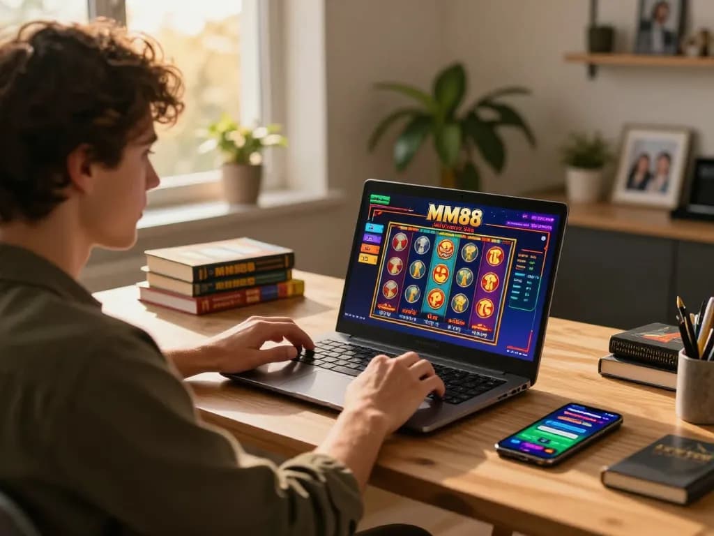 Player interacts with MM88 com at home, showcasing strategic online gambling setup.
