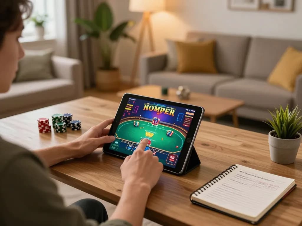 SC88 online gambling platform showcasing an engaging poker game on tablet from a cozy home setup.
