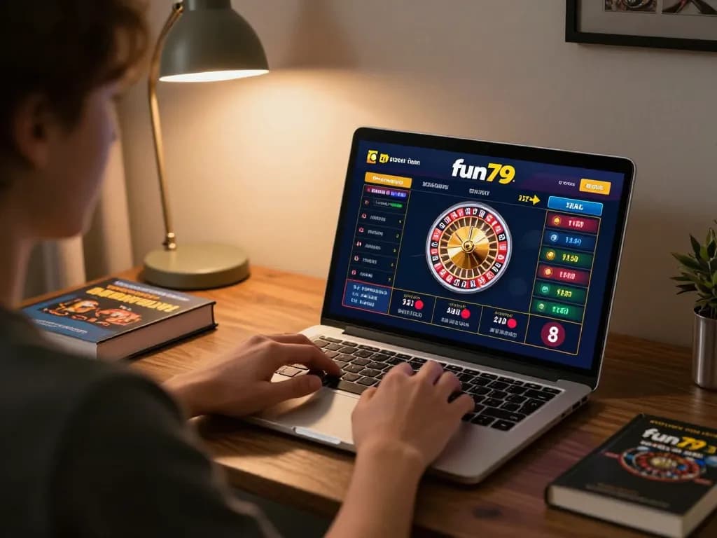 Player placing bets on fun79 online casino platform in a cozy home setting