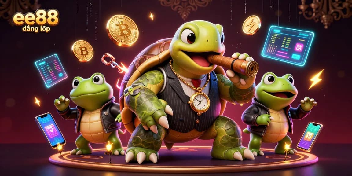 Experience ee88 đăng nhập at a vibrant casino scene featuring a cartoon turtle and bullfrogs.