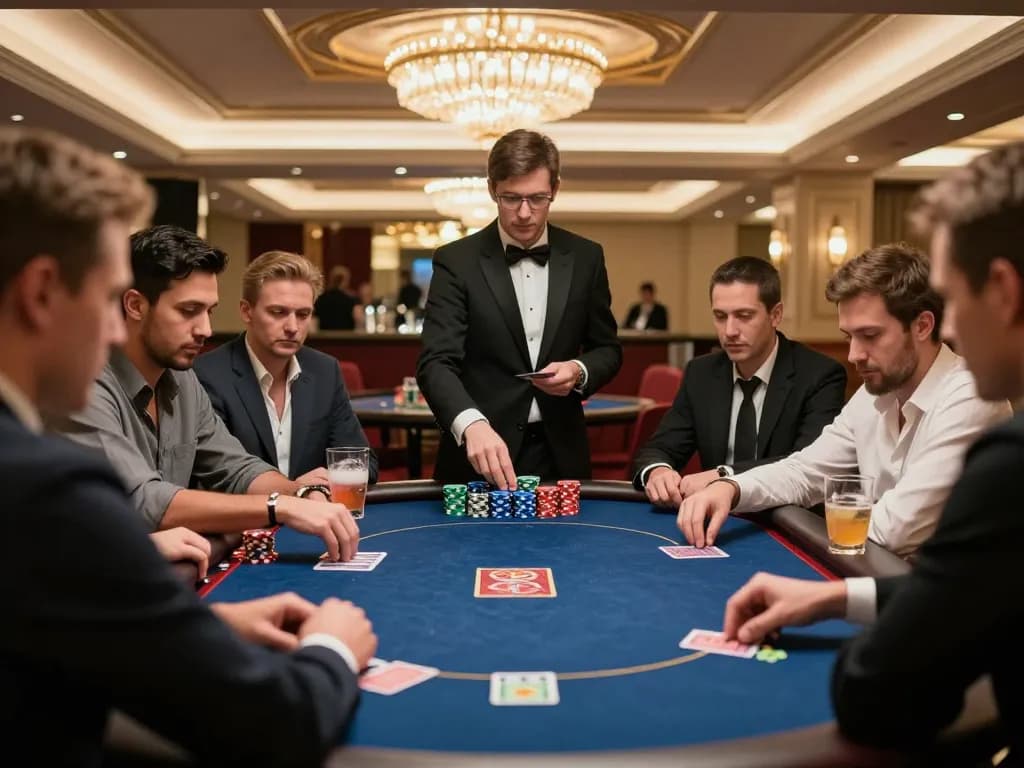 Engaged players at a poker table strategizing with 33win 68, showcasing colorful chips and intense focus