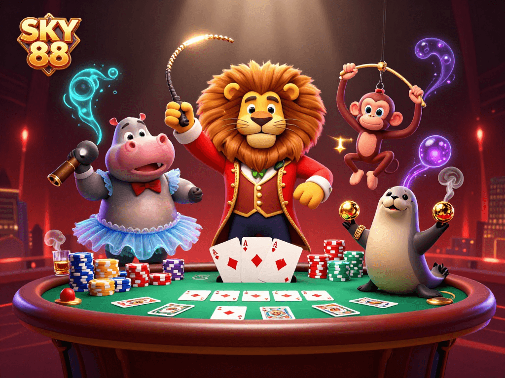 Engage in thrilling gameplay at SKY 88 with colorful characters and vibrant casino elements coming alive.