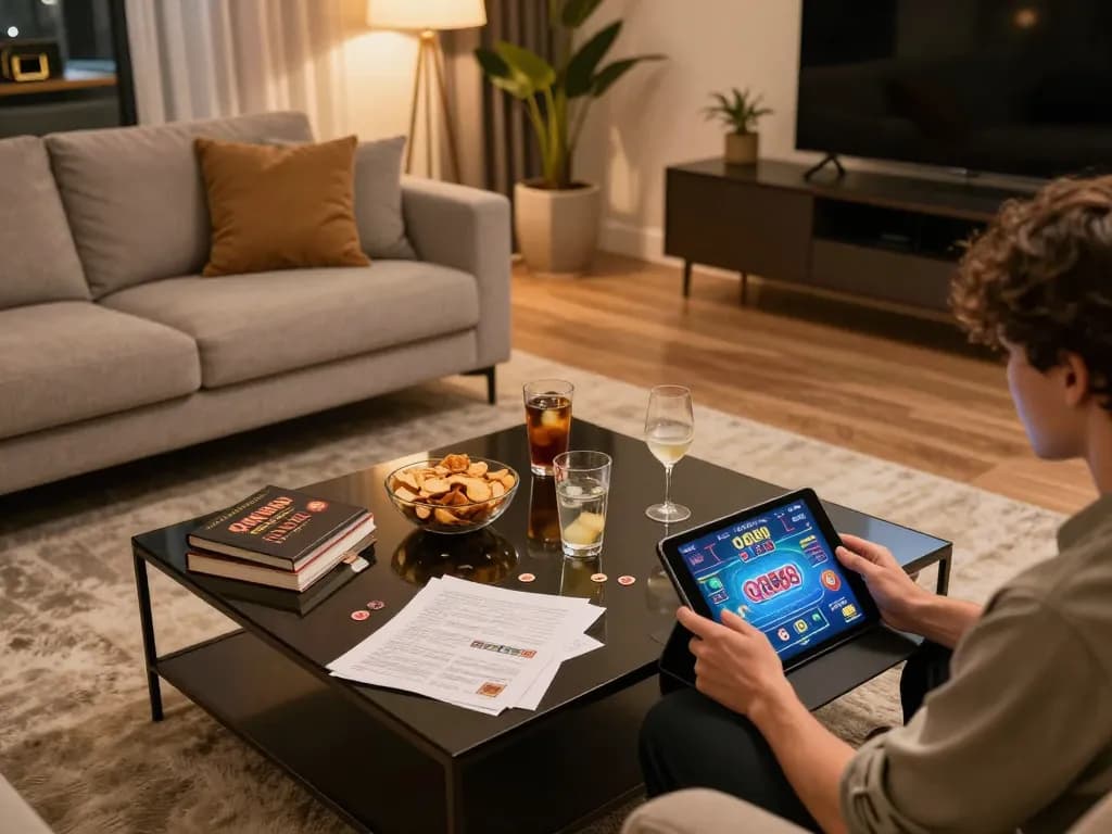 Playing QQ88 on tablet in cozy home setting, showcasing strategic gaming atmosphere and personal comfort.