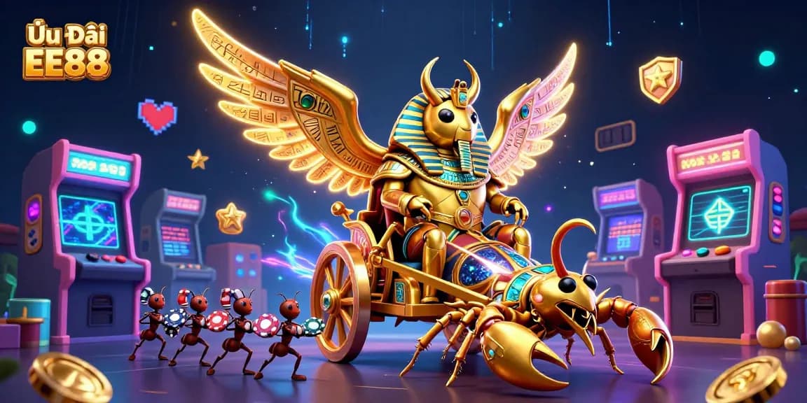 Catch exciting Ưu Đãi EE88 bonuses with a vibrant casino scene featuring gold scarabs and glowing game elements.