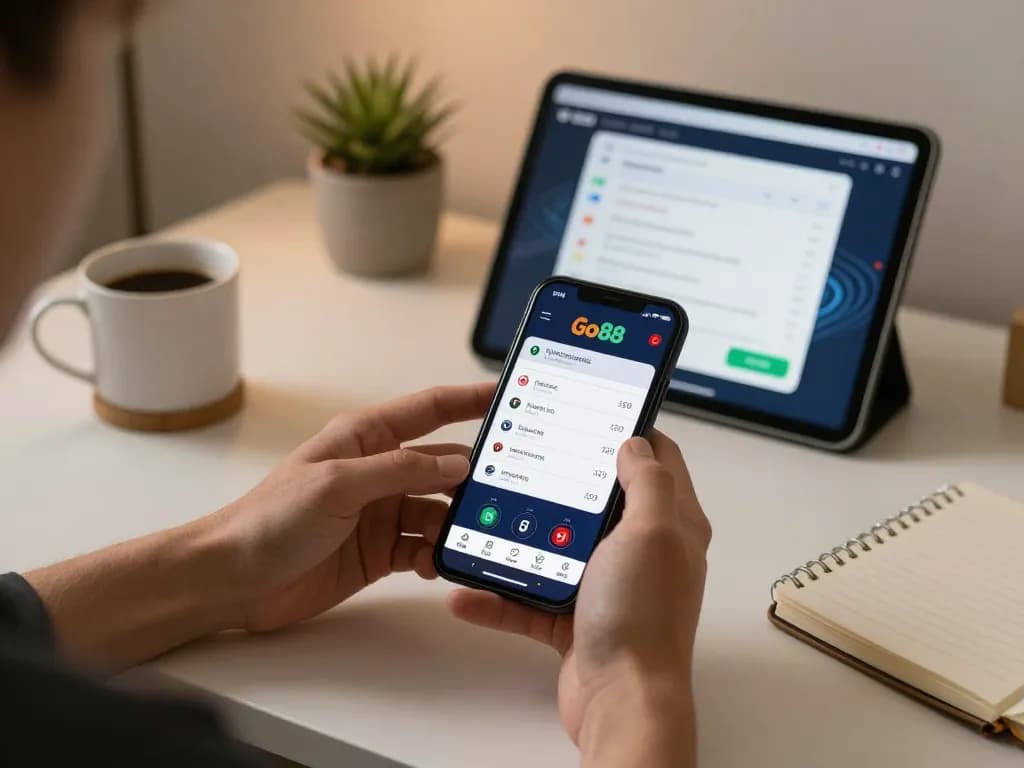 Player engaging with Go88 mobile casino app for blackjack in a cozy home setting.