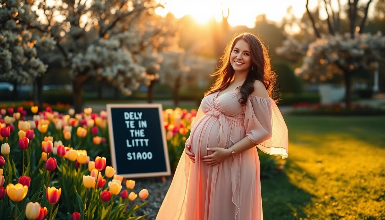 An expectant mother glowing during a maternity photoshoot in a blooming park.