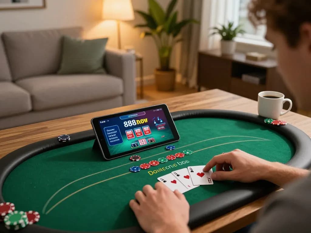 Player enjoying a poker game on 888now, highlighting engaging online casino experiences.