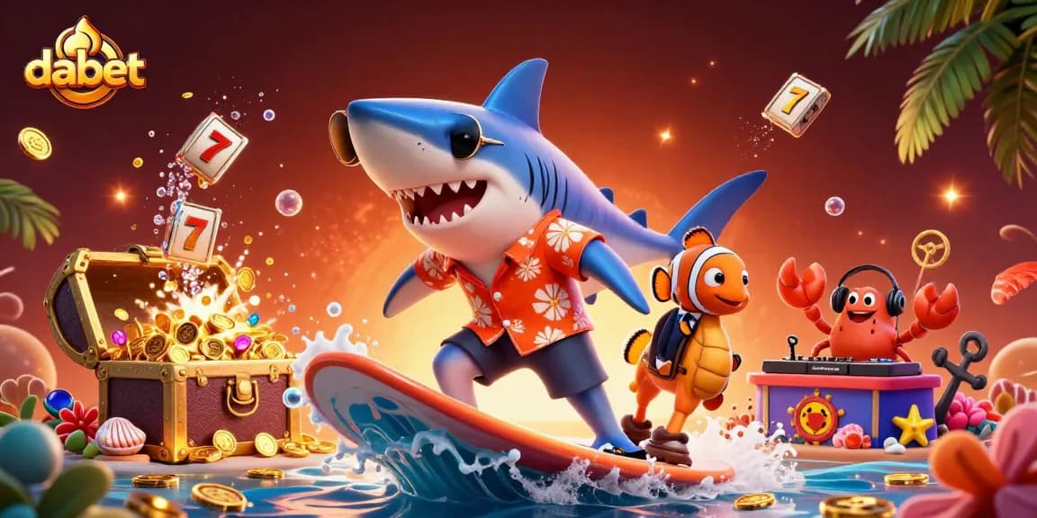 dabet showcases a vibrant 3D scene of a shark surfing gold coins, capturing the excitement of online gambling.