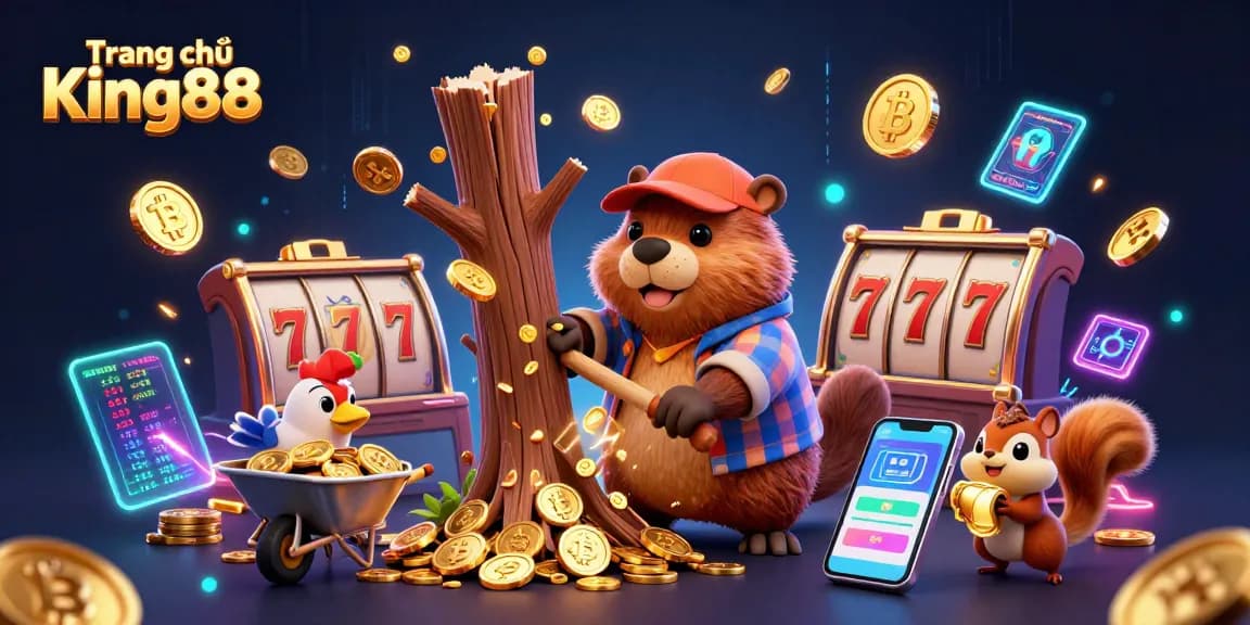 Experience the excitement of Trang chủ King88 as the cartoon beaver wins golden coins in this vibrant casino scene.