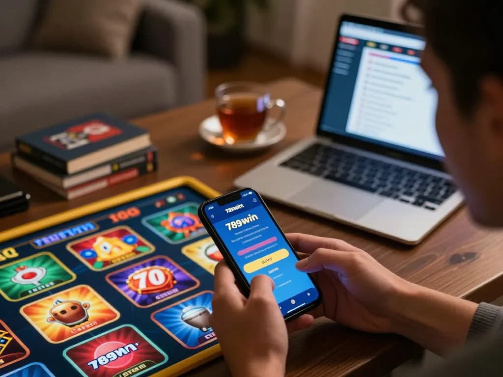 Engaging gameplay on smartphone featuring 789win link in a cozy home setting for responsible gaming