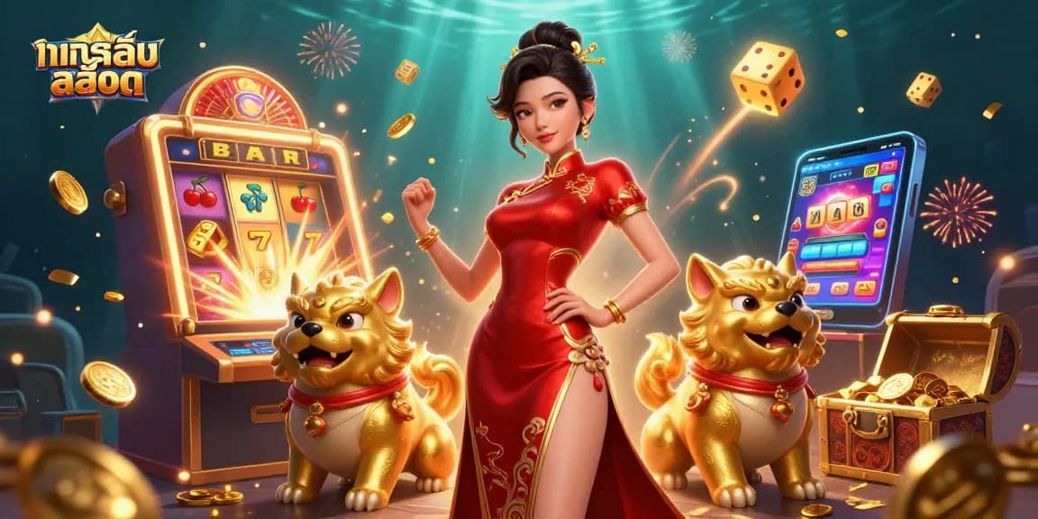 Experience ทดลองเล่นสล็อต with a glamorous Asian woman and golden foo dogs amidst dazzling casino elements.