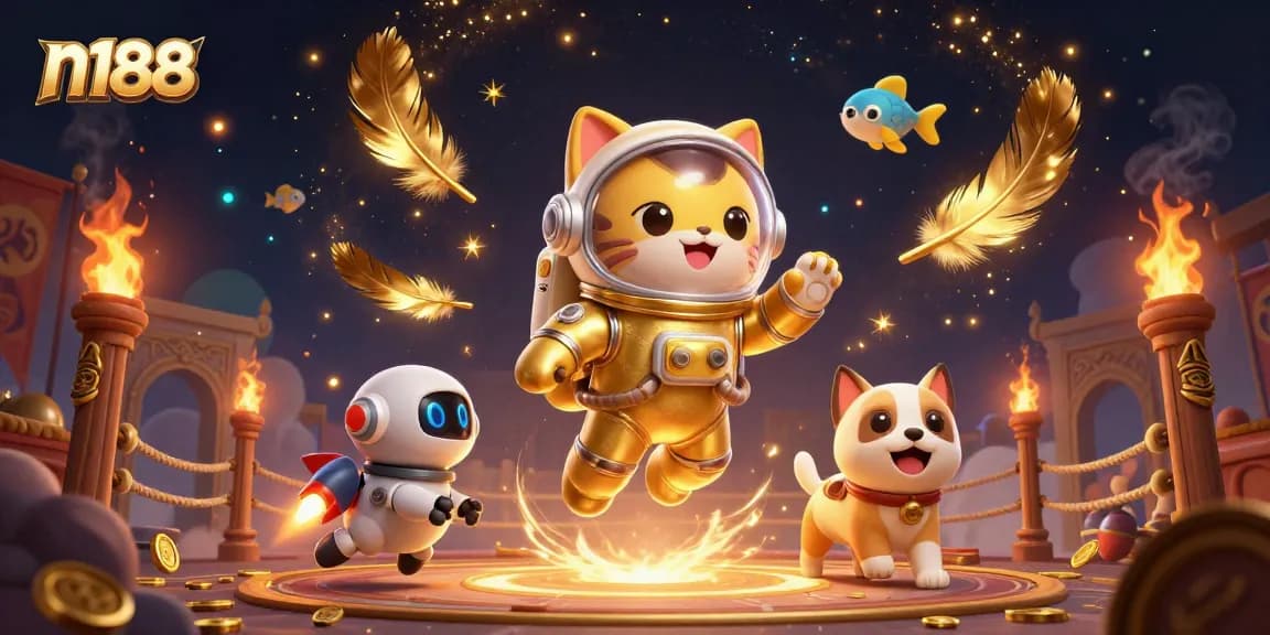 Experience thrilling n188 casino adventures with a vibrant 3D illustration of playful characters and dynamic gaming elements.