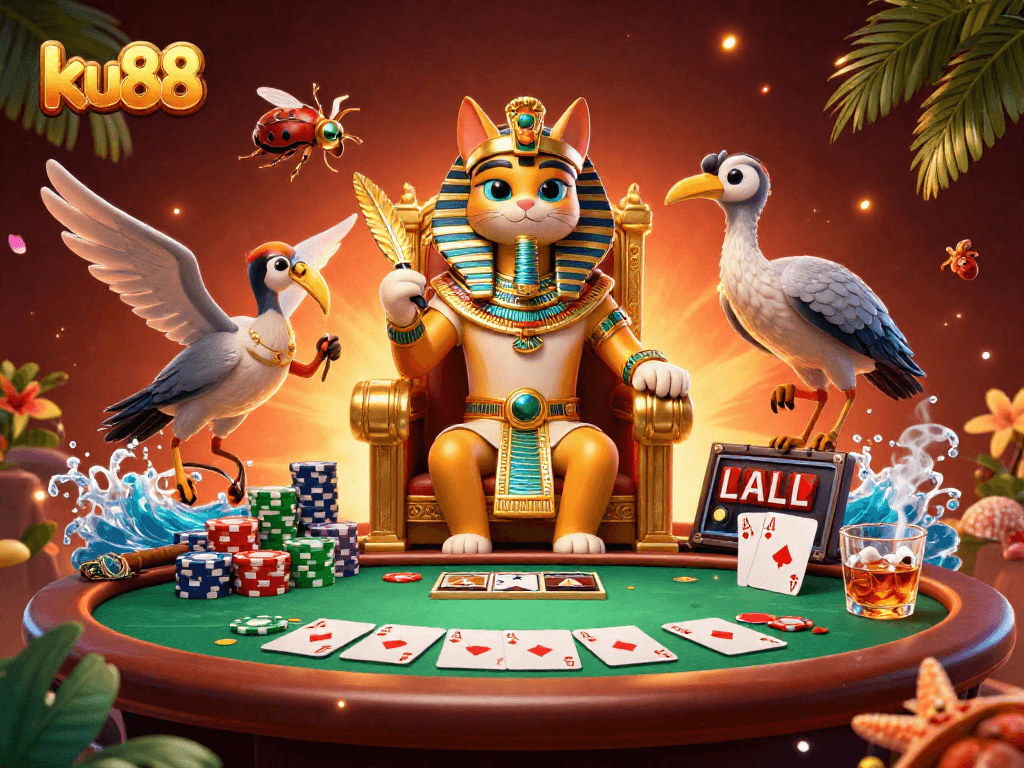 Experience thrilling gameplay at ku88 with a pharaoh cat and poker action in a vibrant casino scene.