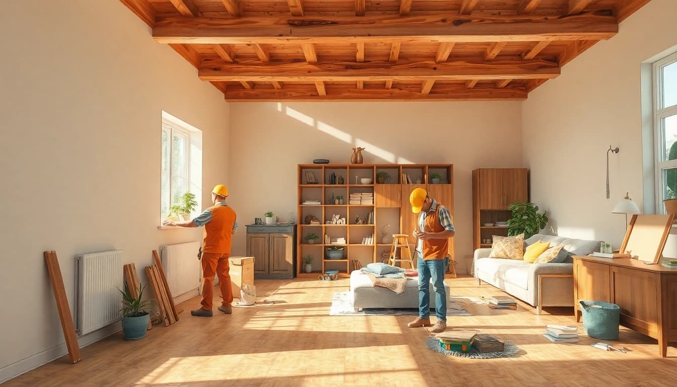 Aktives Bild einer Hausrenovierung: Handwerker beim Renovieren, mit einem besonderen Fokus auf die Fertigstellung verwandter Arbeiten.