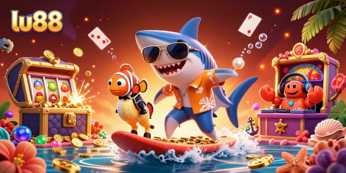 Join the lu88 adventure with playful shark and clownfish amidst vibrant casino elements.