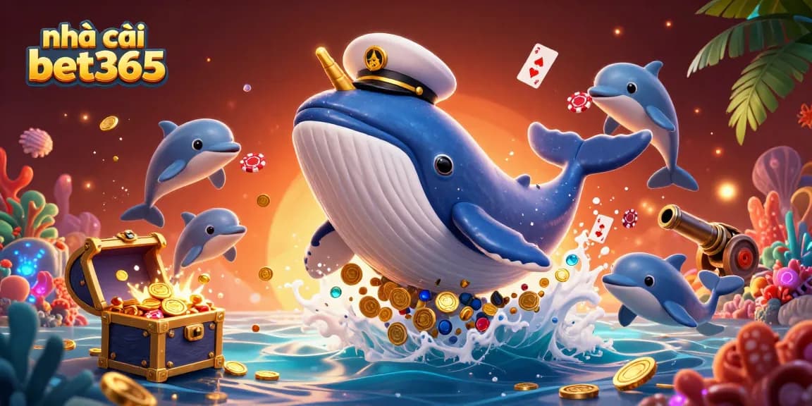 Interact with the dynamic scene of nhà cái bet365 featuring a 3D cartoon whale amidst casino elements.