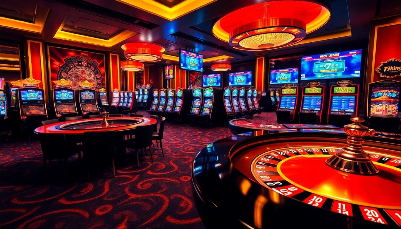 Engage with the thrilling atmosphere of 79king's upscale casino vibe, featuring poker tables and vibrant slot machines.
