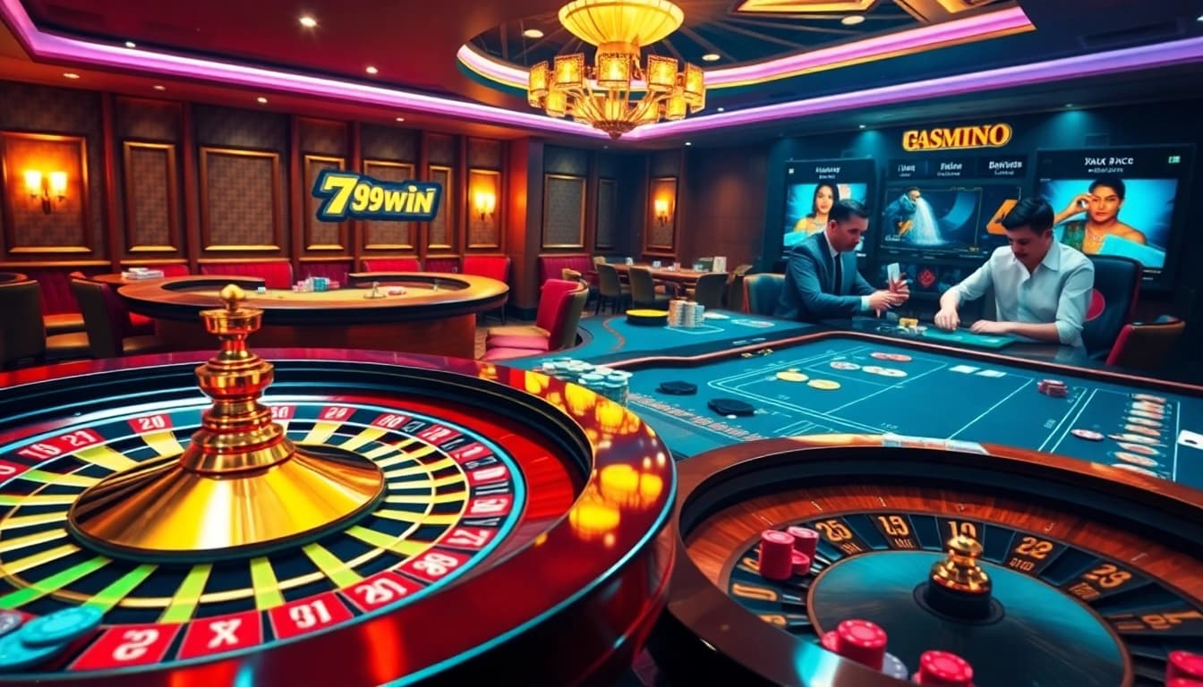 Players experiencing the thrill of gambling at 789win's lively casino tables featuring cards and chips.