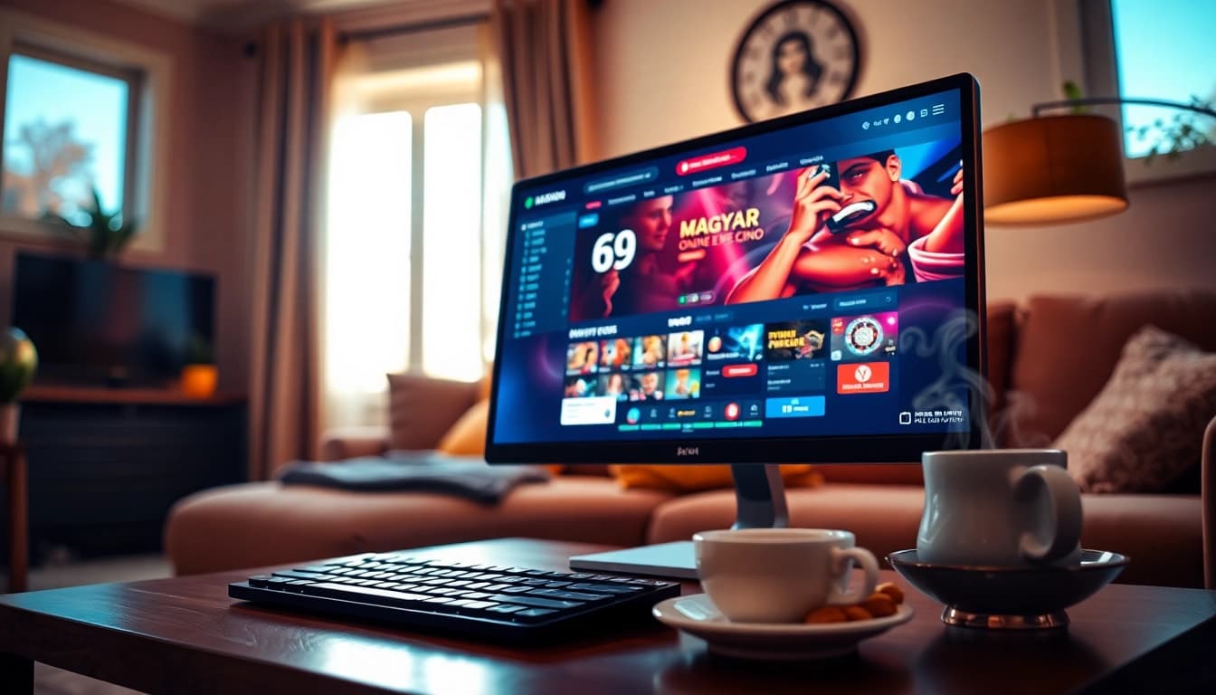 A modern magyar online casino gaming setup in a cozy living room with a computer and snacks.