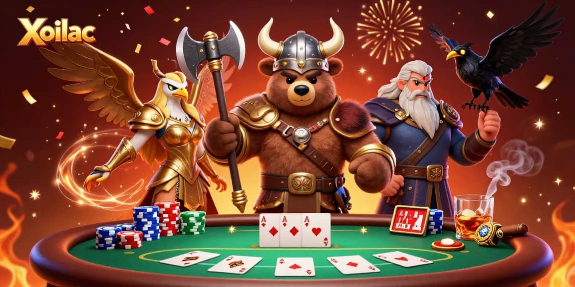 Xoilac inspires players with vibrant 3D casino scene featuring poker elements and dynamic characters.
