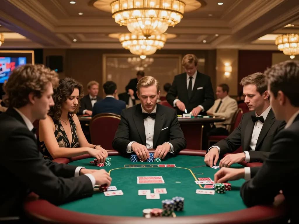 Players engaged in strategic poker gameplay at TR88's vibrant casino floor, showcasing excitement and camaraderie.