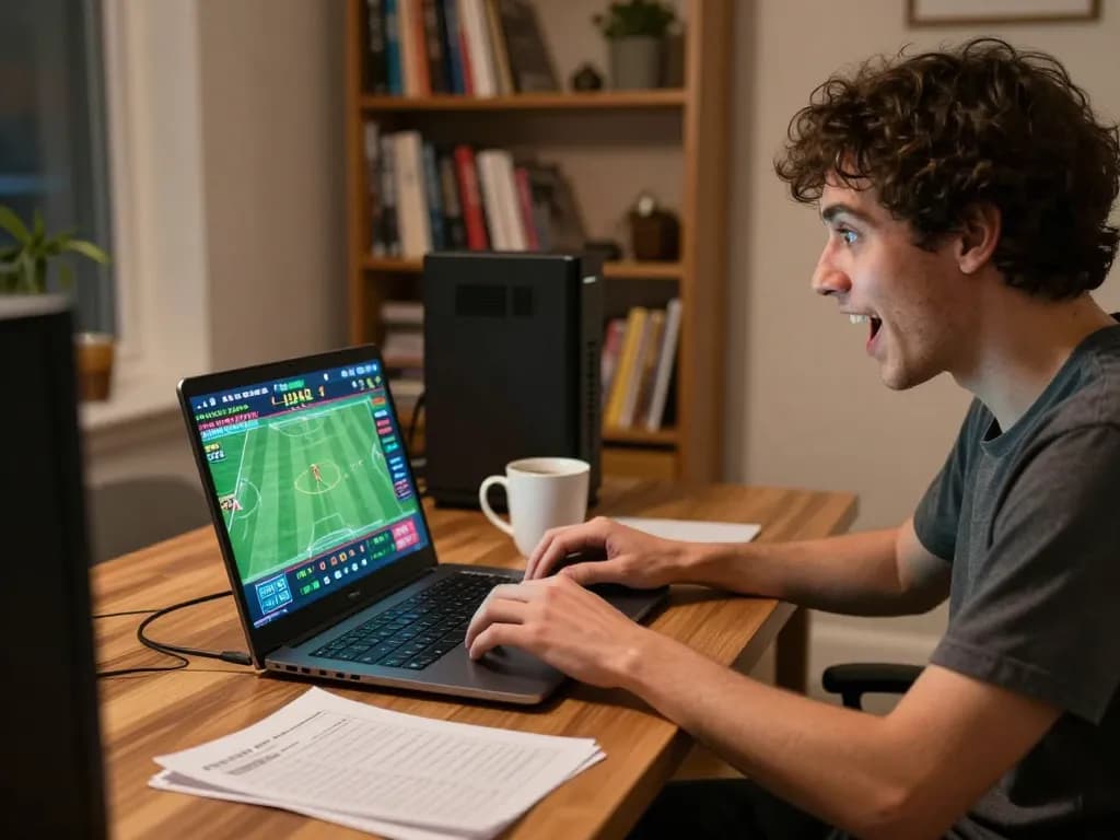 Person engaging in online cakhia sports betting on a laptop during a cozy home gaming session.