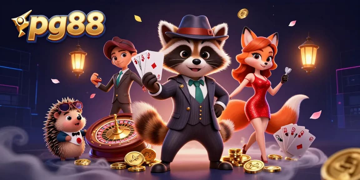 Experience the thrill of pg88 with raccoon holding royal flush, fox in sequin dress, and hedgehog bouncer.