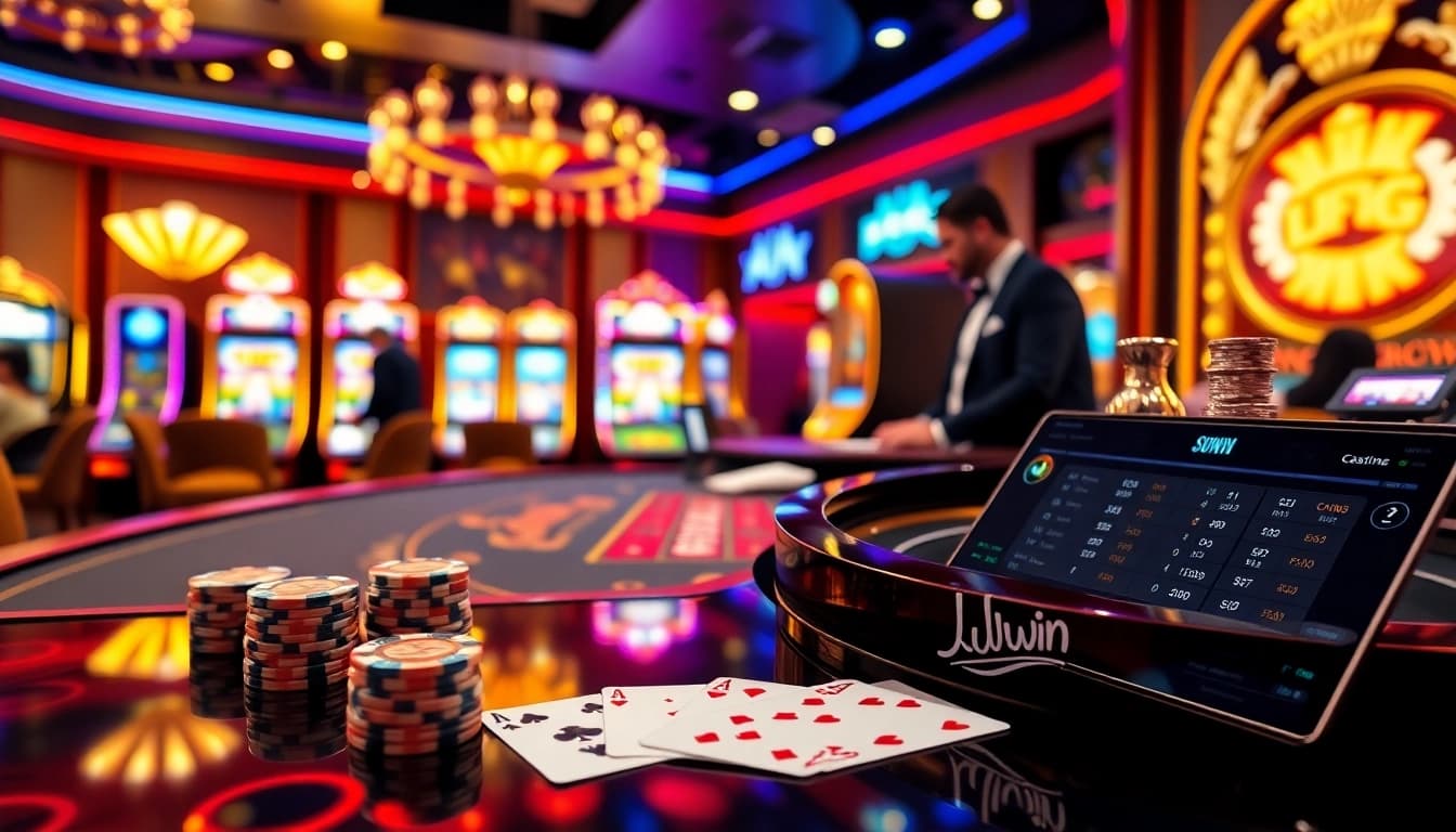 Experience thrilling gameplay on https://kuwincom.net/ with engaging poker cards and vibrant casino decor.