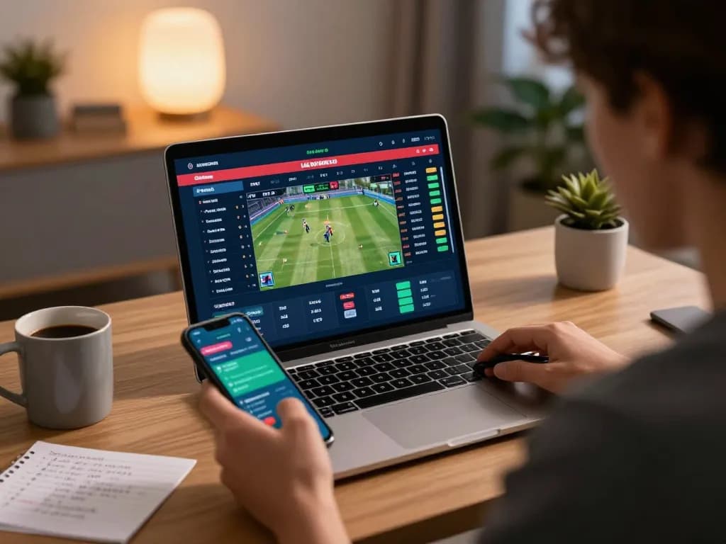 Active sports betting moment with TOPBET interface on laptop and smartphone in modern home setup