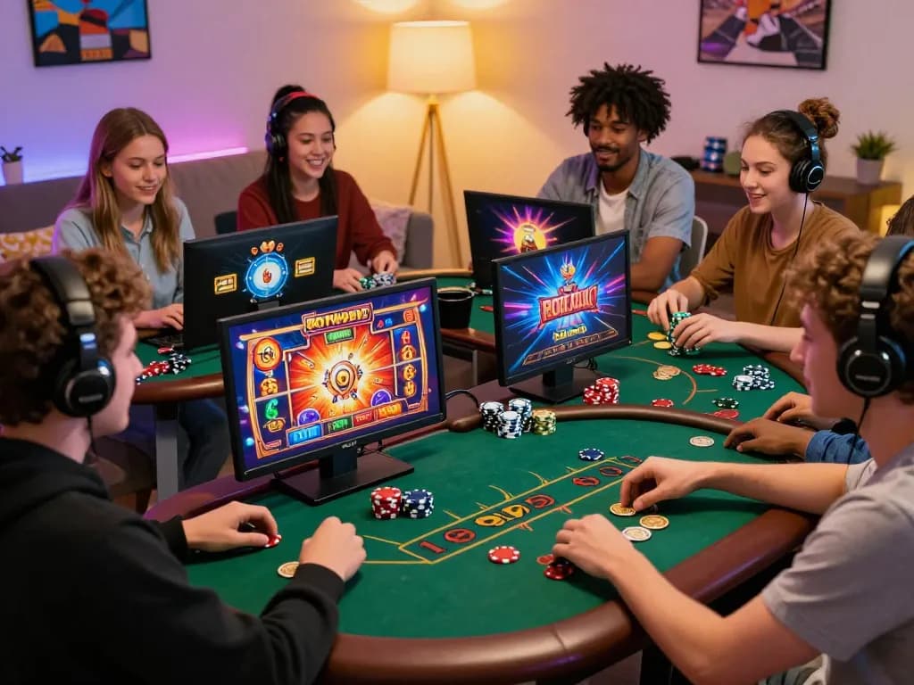 Friends engaging in an online 娛樂城 experience, showcasing vibrant gaming and excitement.